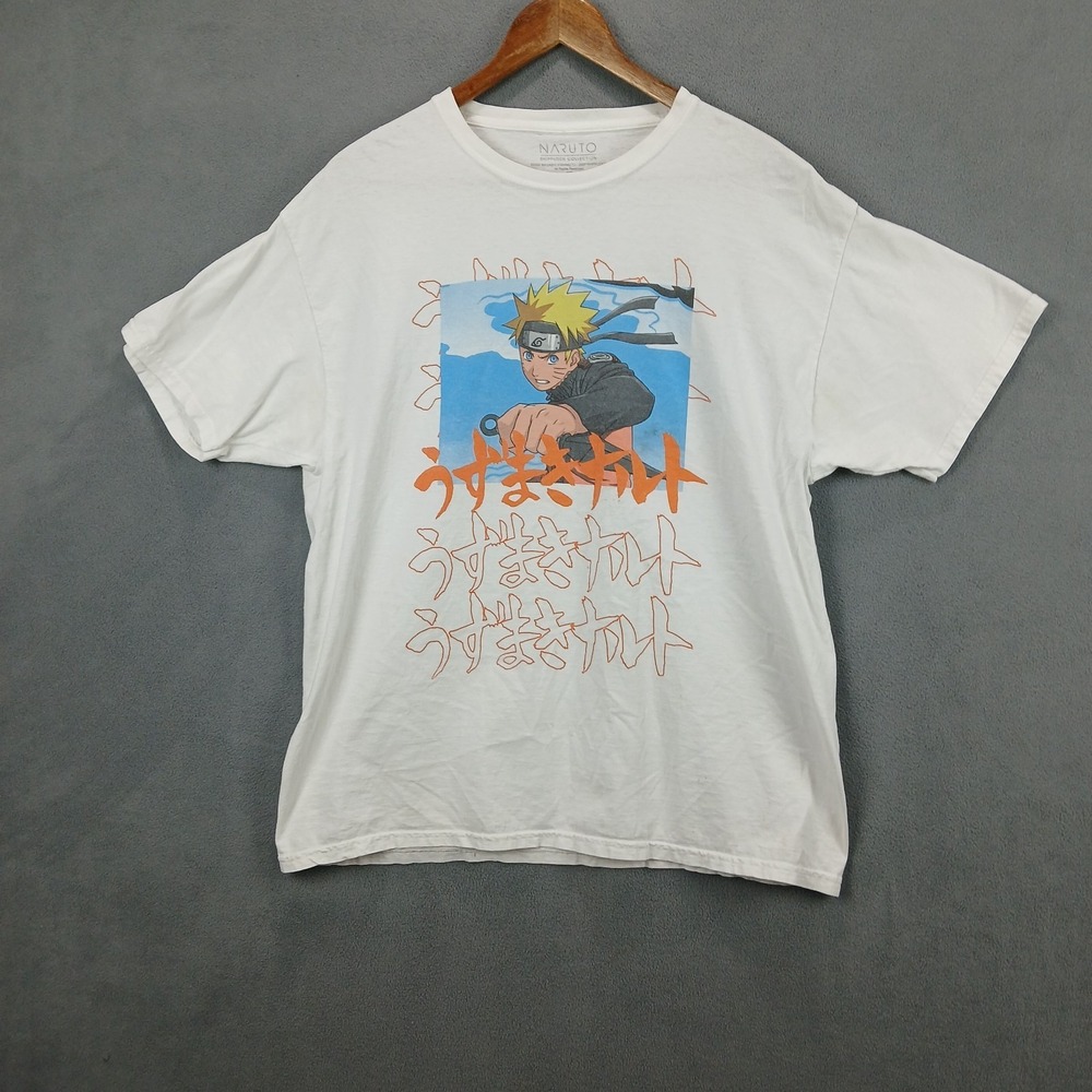 Naruto Shippuden T Shirt Men XL White Cotton Graphic Print Naruto Uzumaki Casual
